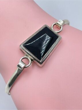 Vintage Mexico Black Enamel Silver Cuff Bracelet Southwestern Statement